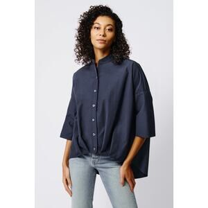 Kal Rieman Oversized Boxy Pleat Hem Kimono Top Blouse Navy Blue Minimalist XS